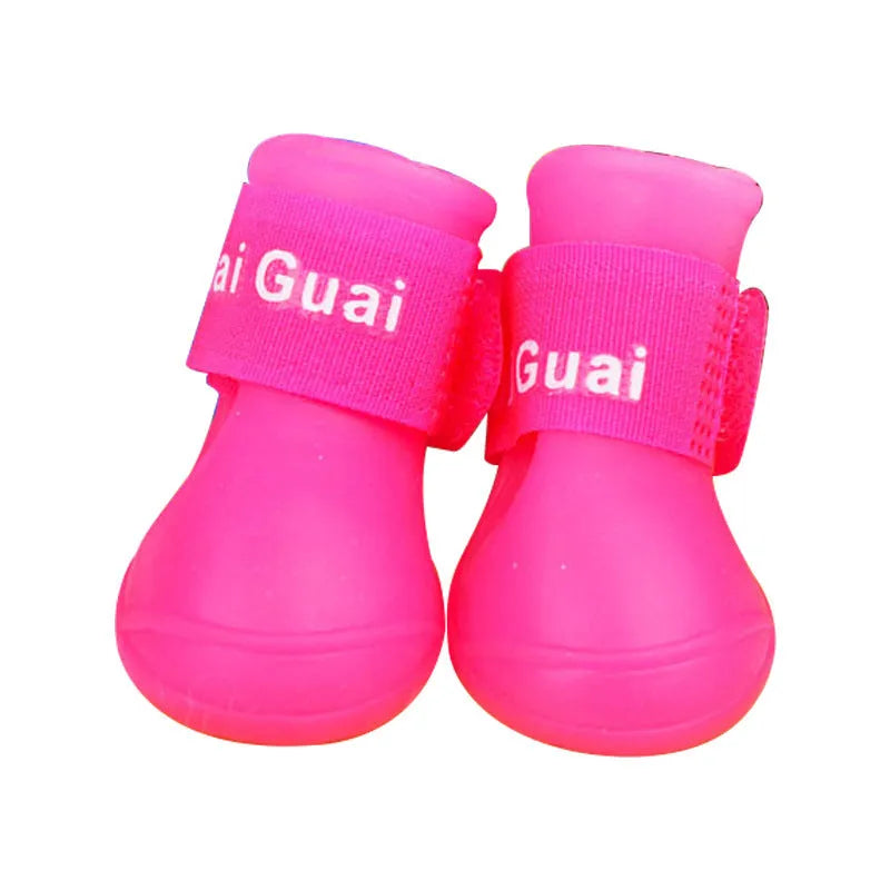 Soft rubber pet rain boots in royal blue, yellow, purple, rose red and black, sizes S M L