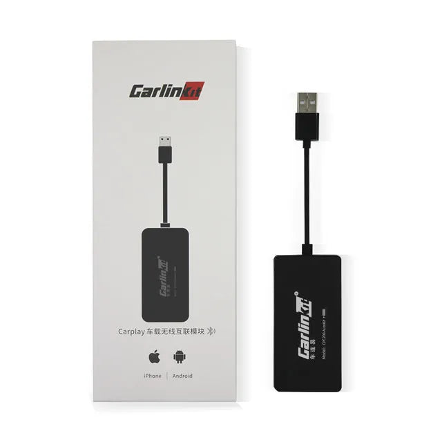 Black Wireless CarPlay USB dongle adapter for connecting iPhone to car navigation screen.