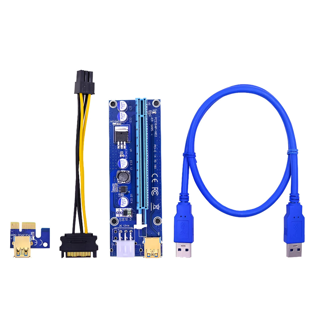 Blue PCI-E 1X to 16X graphics card extension riser with 60cm shielded wire, gold-plated USB3.0 connector and solid capacitors