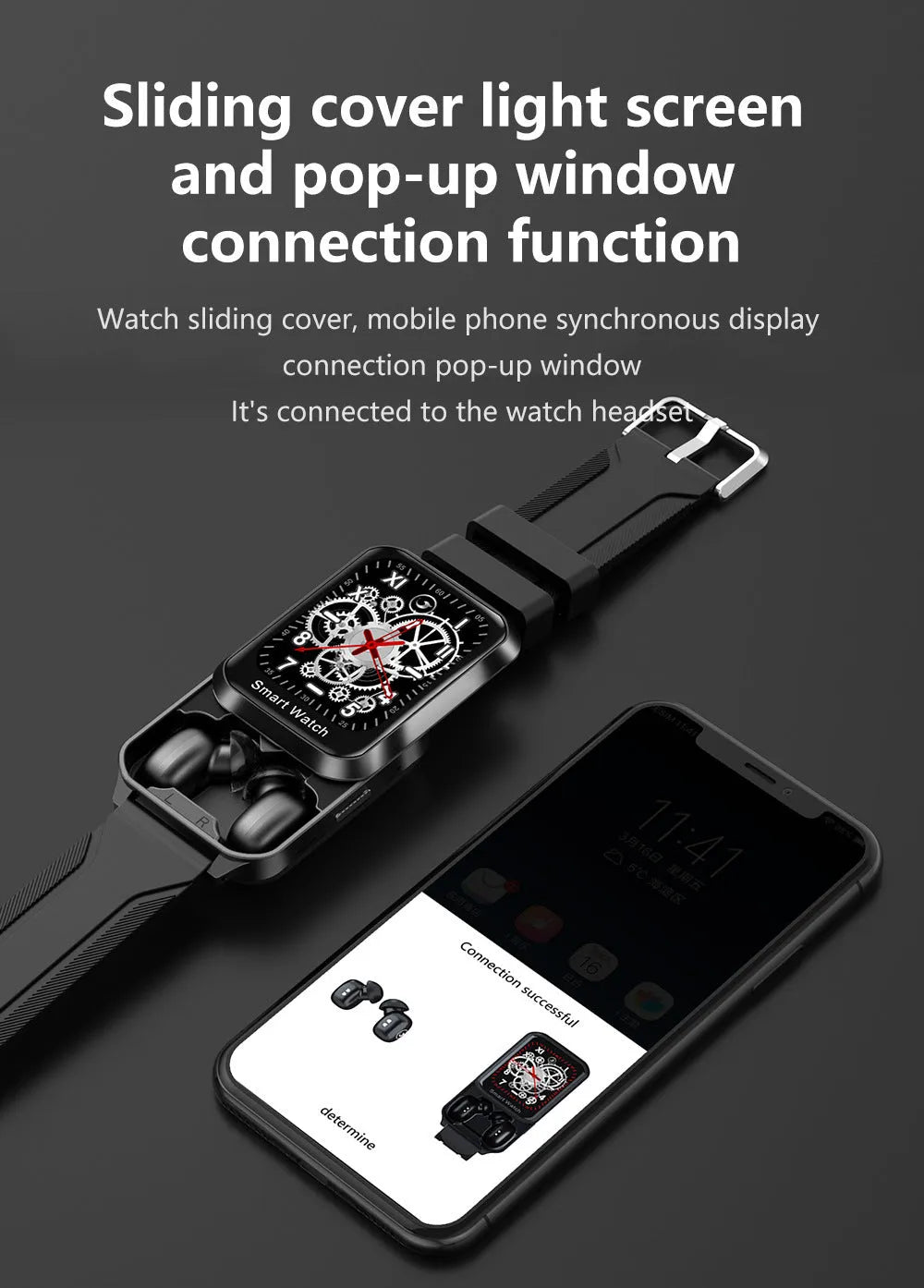 Smart bracelet with split screen display showing notifications, silicone wrist strap in black colour option