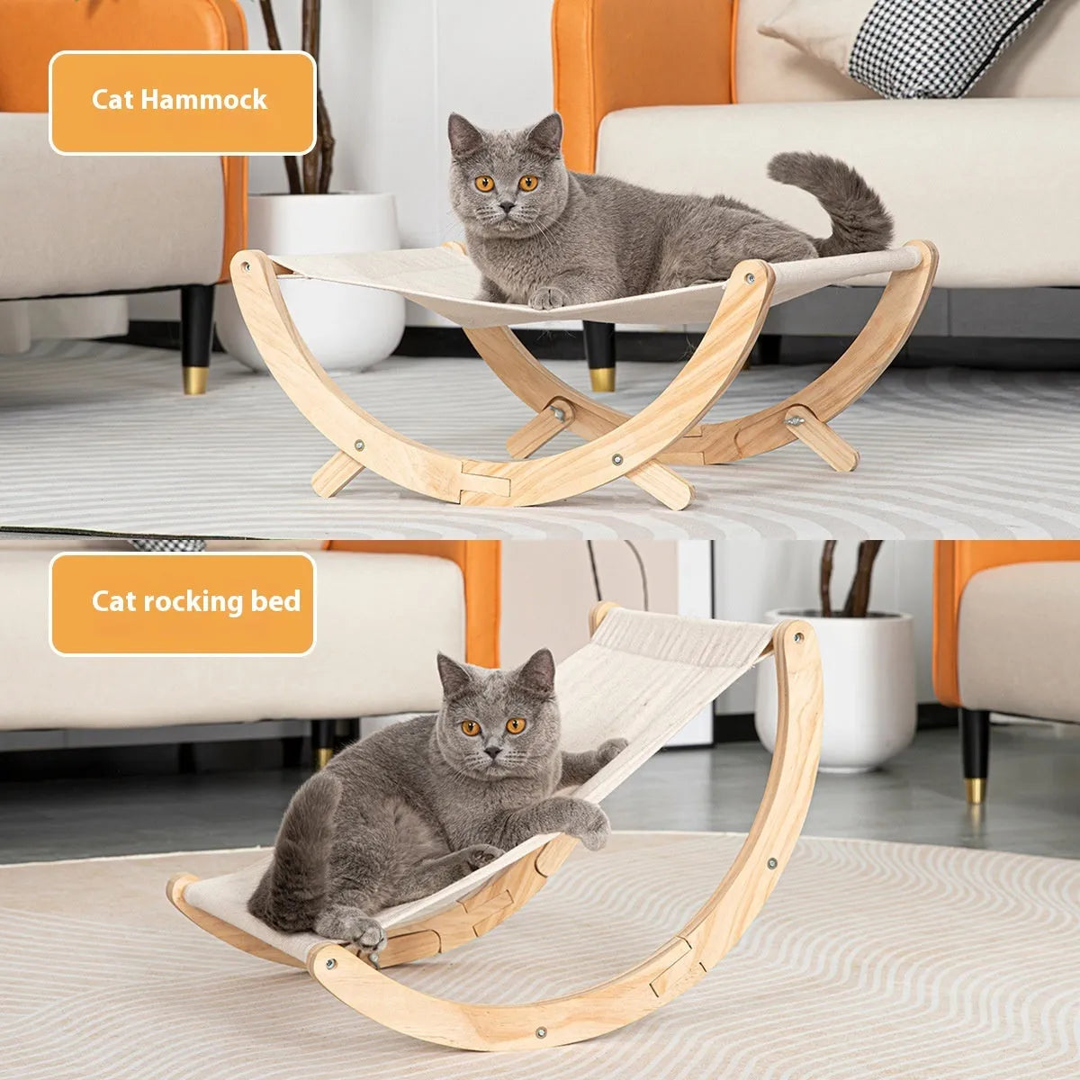 Solid wood foldable cat hammock bed with canvas plush cushion for indoor cats