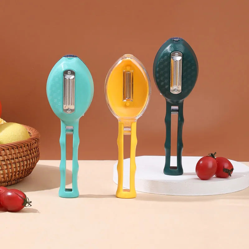 Yellow peeling knife with a storage lid on a kitchen counter.