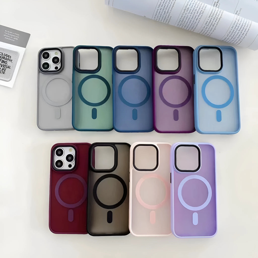 Frosted magnetic suction mobile phone case for iPhone 16 in dark purple colour
