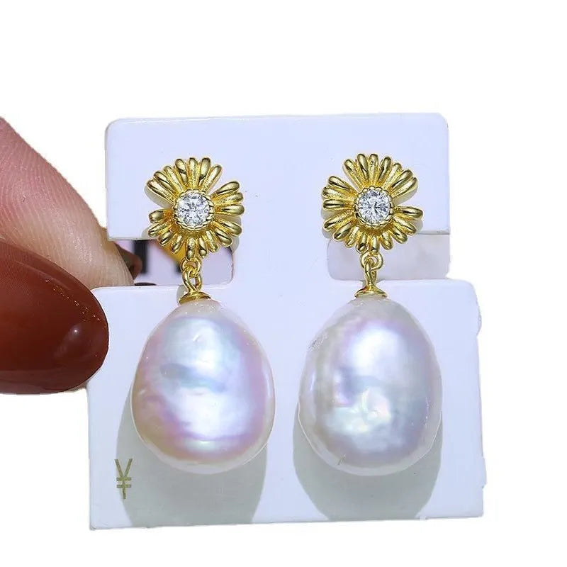 Baroque floral S925 sterling silver drop earrings with an open ring holder frame on the eardrop.