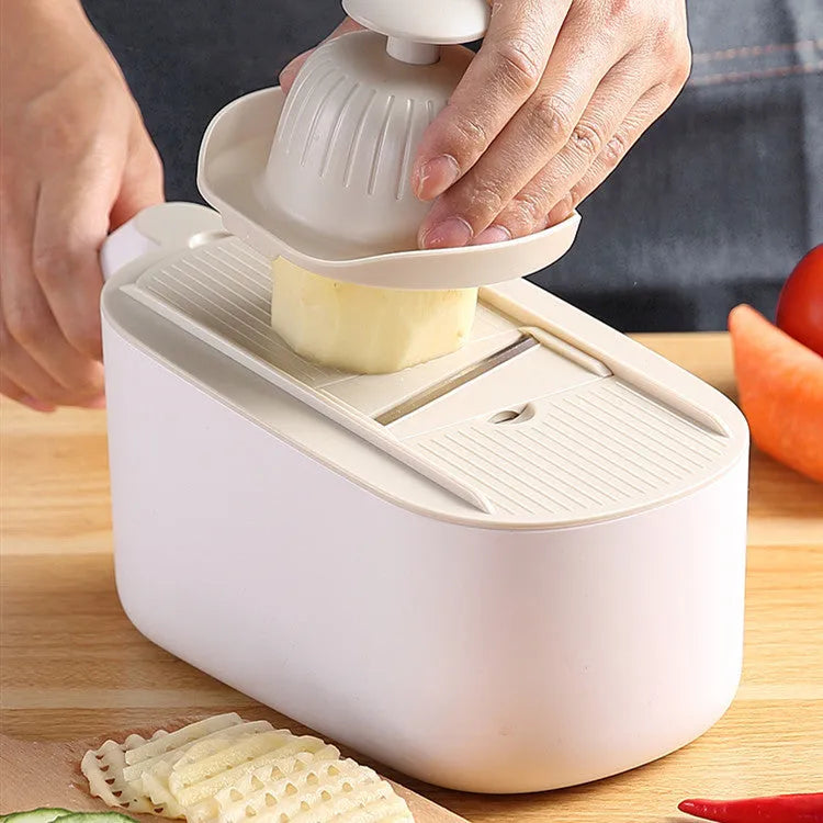 Nordic style multifunctional vegetable cutter with stainless steel blades in blue, grey, or khaki colours