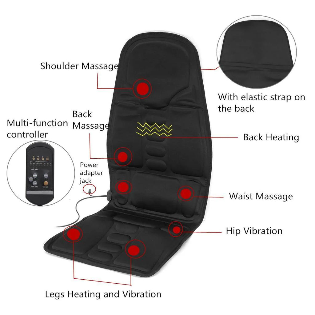 Car massage cushion with handheld remote, luxury fabric, rectangular trapezoid shape, 5 motors for neck, back, waist, and leg relief
