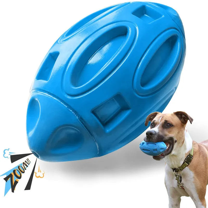 Natural latex rubber sounding rugby dog toy in sky blue with squeaker for fetch