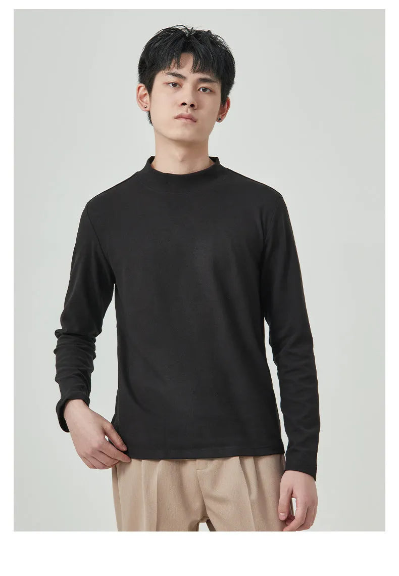 Men's brown Dralon fabric long sleeve t-shirt with a half-high collar and pullover style.