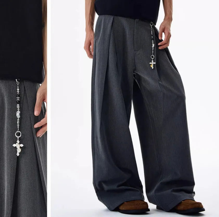 Double pleated profile suit pants for men and women – mid waist straight leg, non-ironing polyester, available in black and dark gray, sizes S to XL
