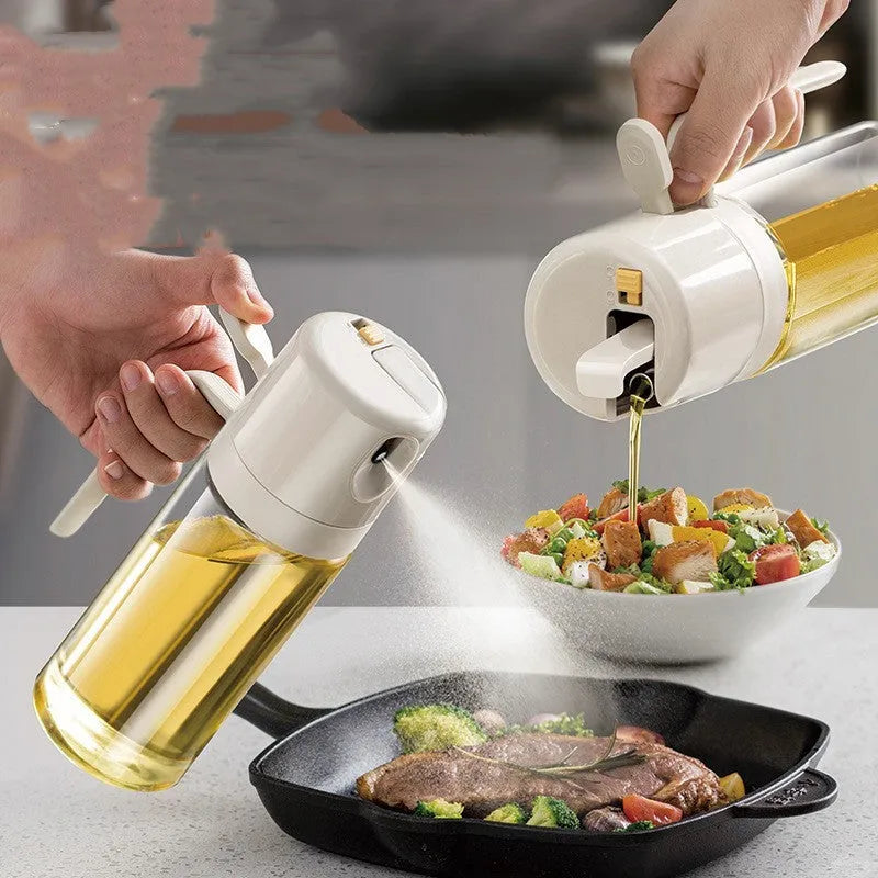 Warm grey glass oil sprayer bottle with switchable cover for spray and pour modes