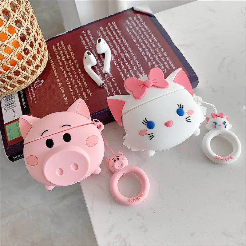 Cartoon pig design silicone flip cover compatible with Apple AirPods 1 2 and 3 in pink colour