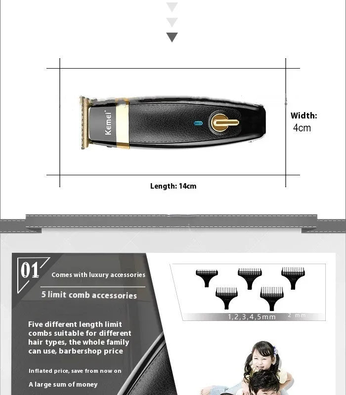 KM1834 rechargeable electric hair clipper with five limit combs on a white background