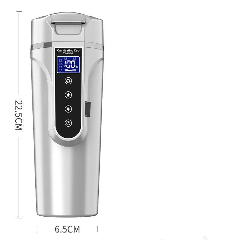 Black car electric heating cup with 400ml capacity, food grade 304 stainless steel inner lining, and power cord placed on a car seat