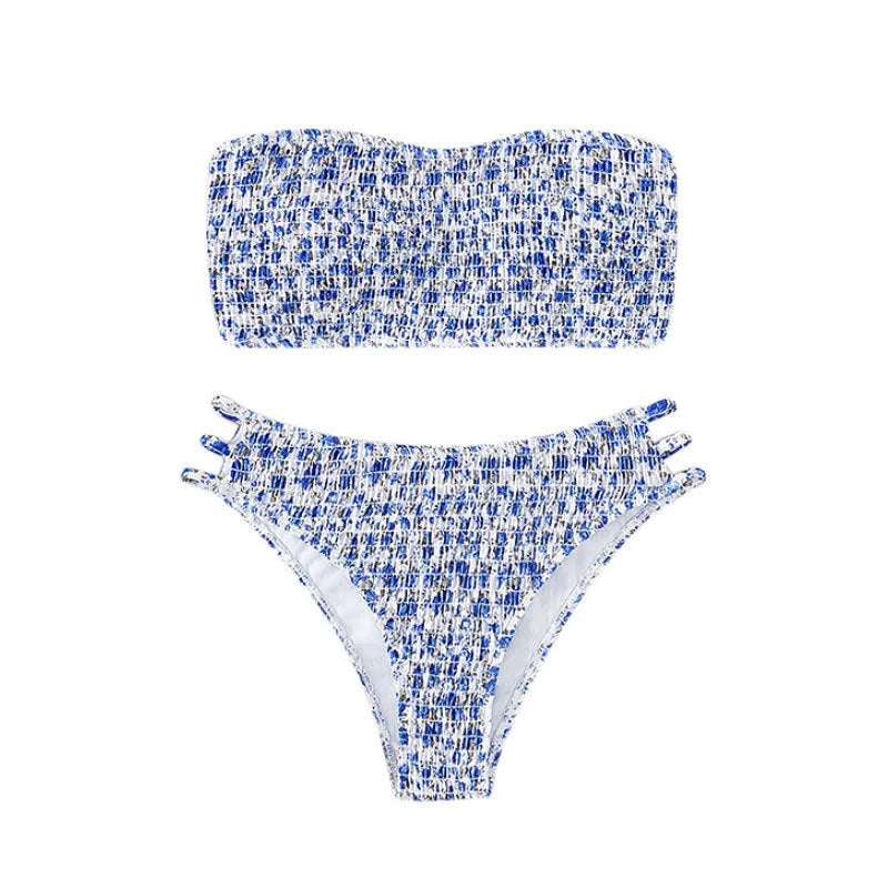 Women's strapless floral swimsuit with high-waist briefs and back split detail.