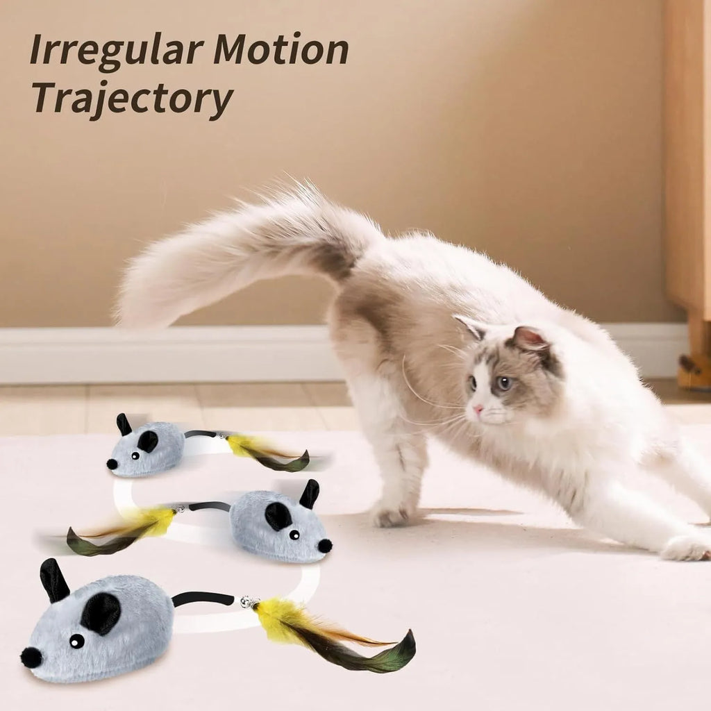 Grey and yellow interactive cat toy mouse with feather tail and LED lights on floor