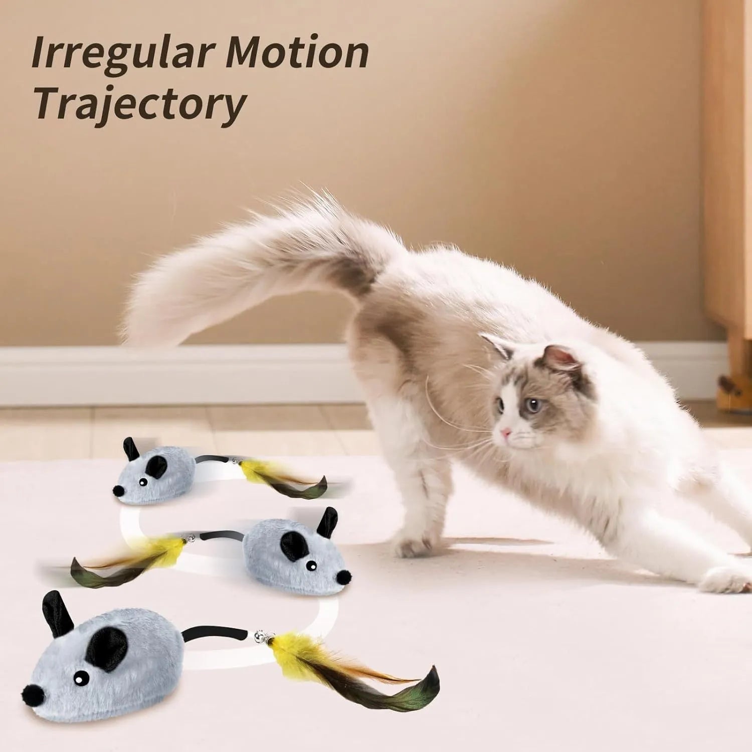 Grey and yellow interactive cat toy mouse with feather tail and LED lights on floor