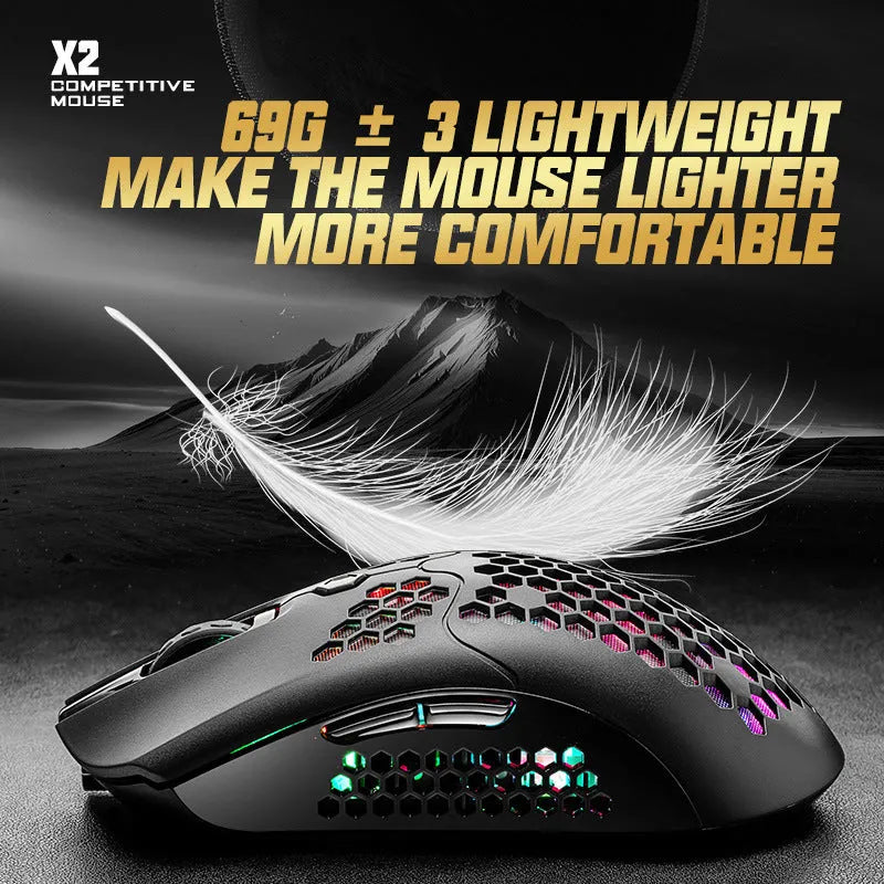 Free Wolf X2 wireless gaming mouse in black on a mouse mat, showing RGB lighting on scroll wheel.