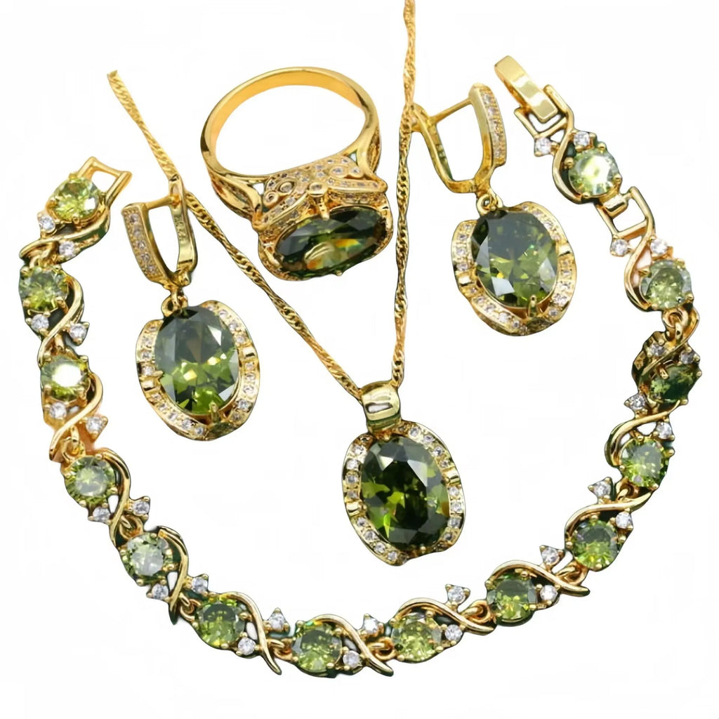 Women's rhinestone zircon jewellery suit with snake bones chain showing necklace, earrings, and ring in electroplated copper