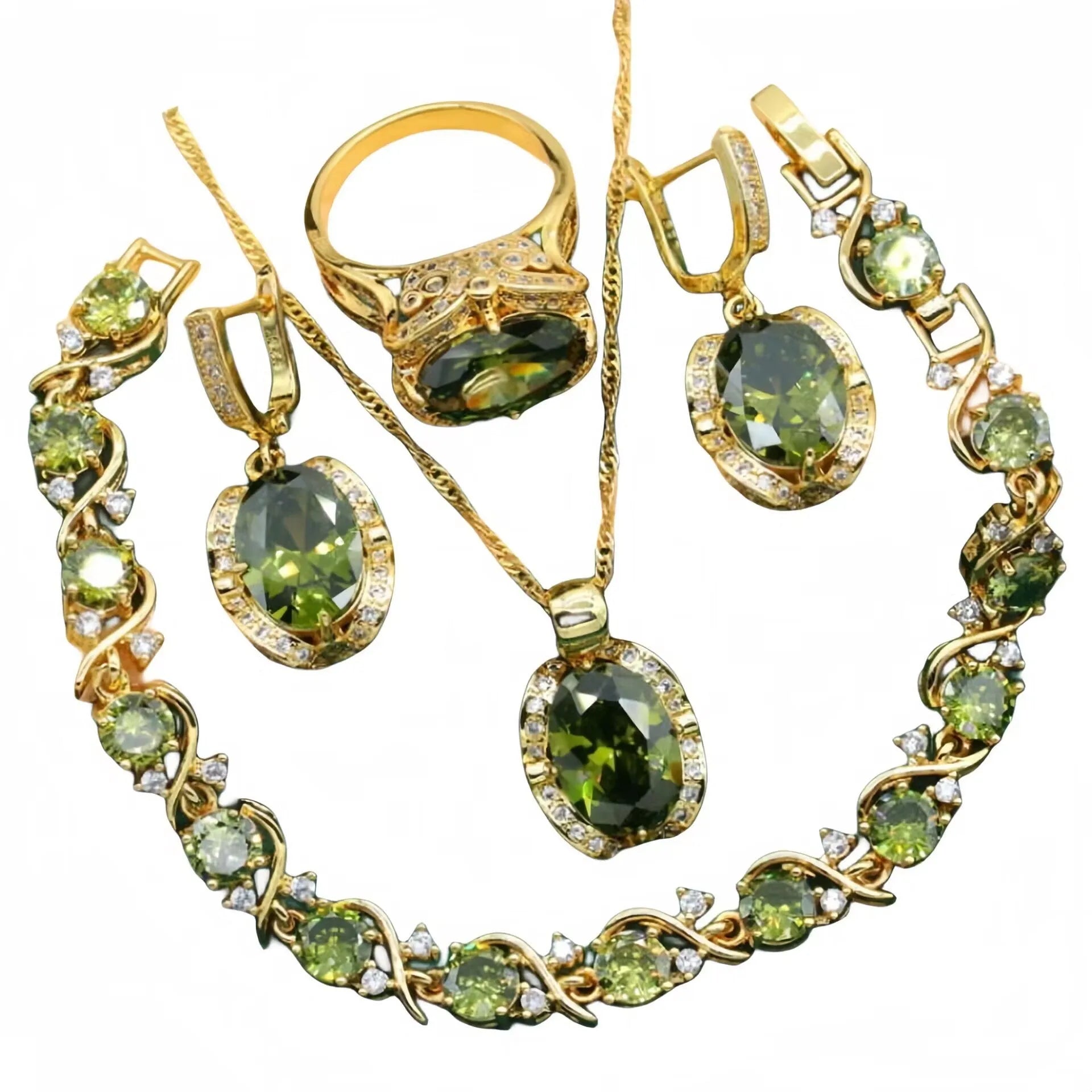 Women's rhinestone zircon jewellery suit with snake bones chain showing necklace, earrings, and ring in electroplated copper