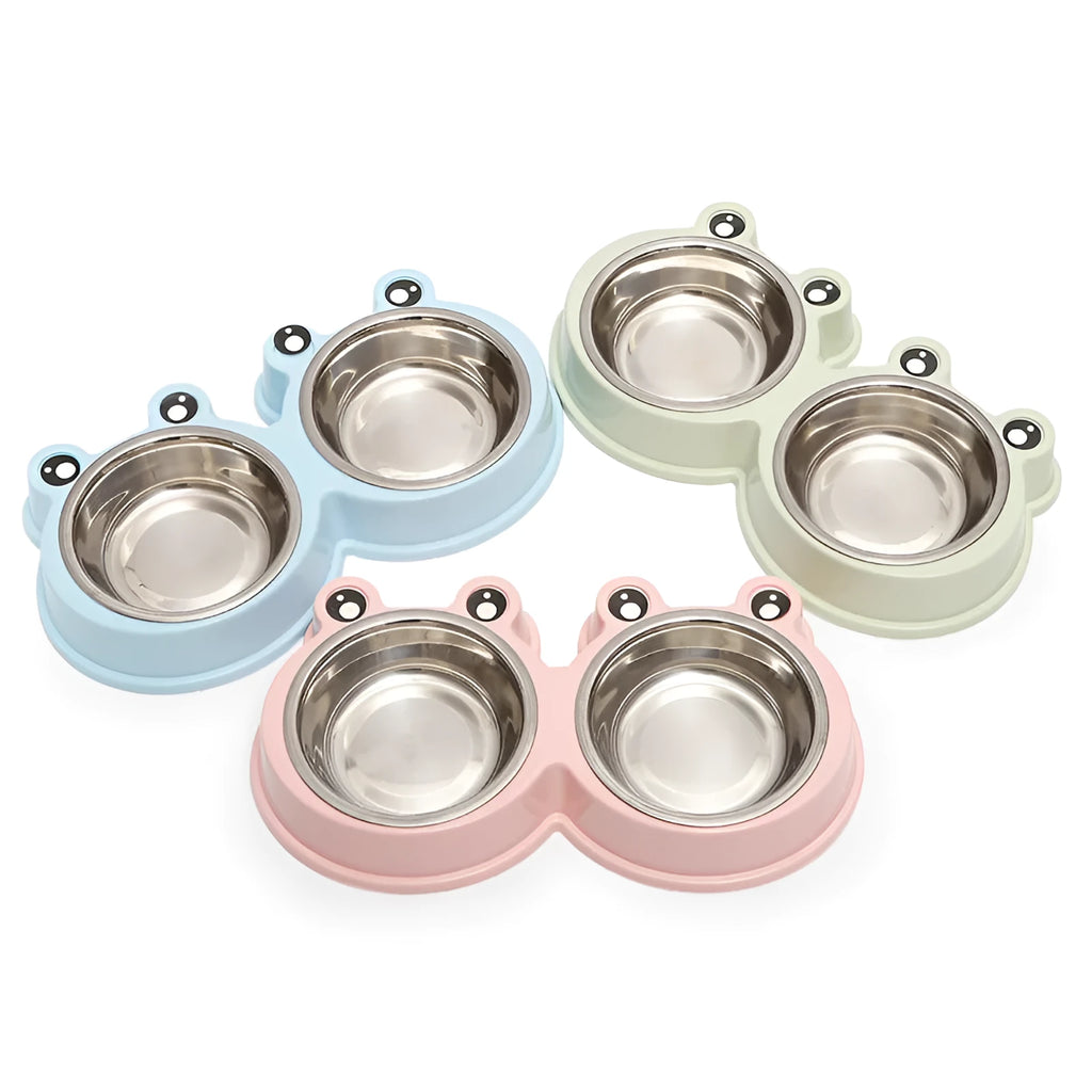 Stainless steel pet double bowl with frog design for separate food and water compartments