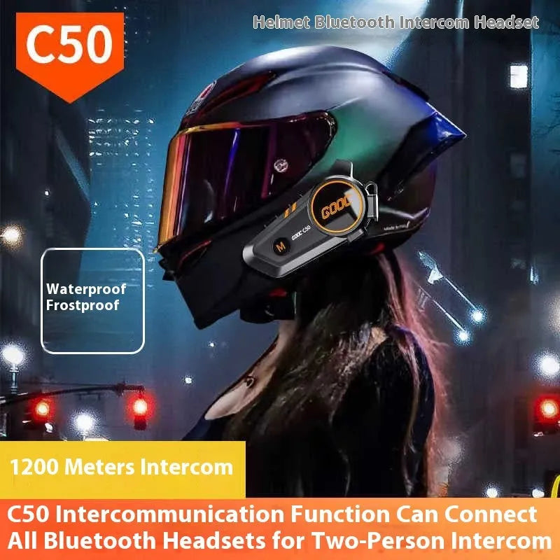 C50 wireless intercom earphone with ABS silicone construction, 1100mA battery, and TYPE-C charging for full and half helmets