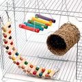 Natural wood small pet toy set with swing, climbing ladder and cotton grass bed on white background