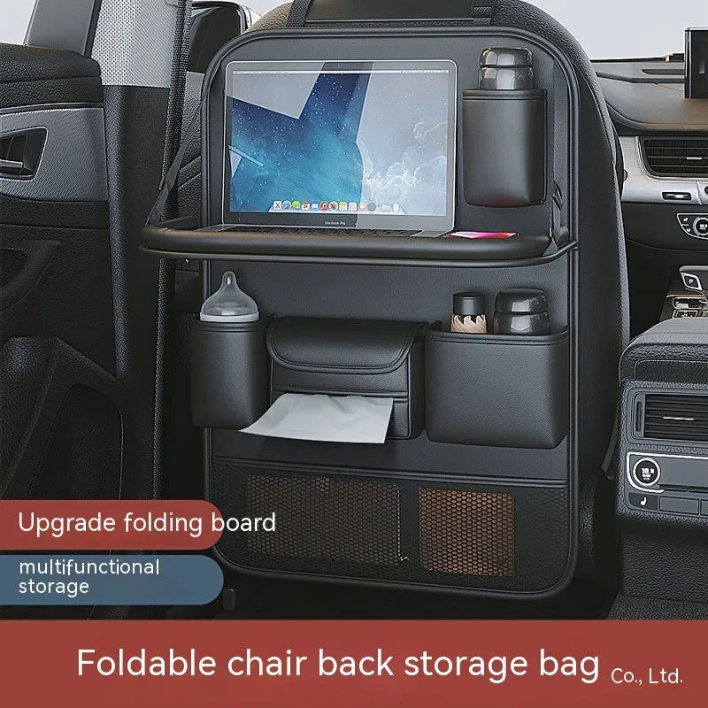 Waterproof leather car seat storage bag with foldable dining table in obsidian black colour