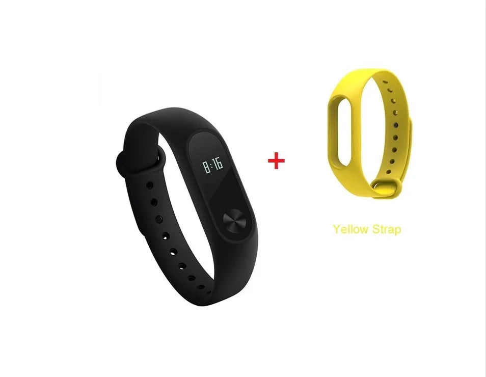 Black Xiaomi Mi Band 2 smart band with OLED display on a wrist, showing heart rate.