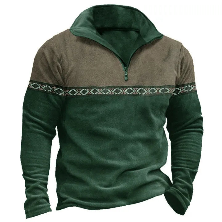 Retro patchwork polo shirt zipper sweater casual top with full zip front closure
