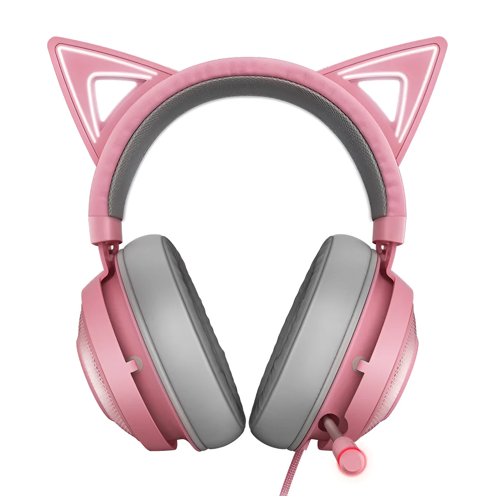 Pink glowing cat earphones USB wired headphones with illuminated cat ears on headband
