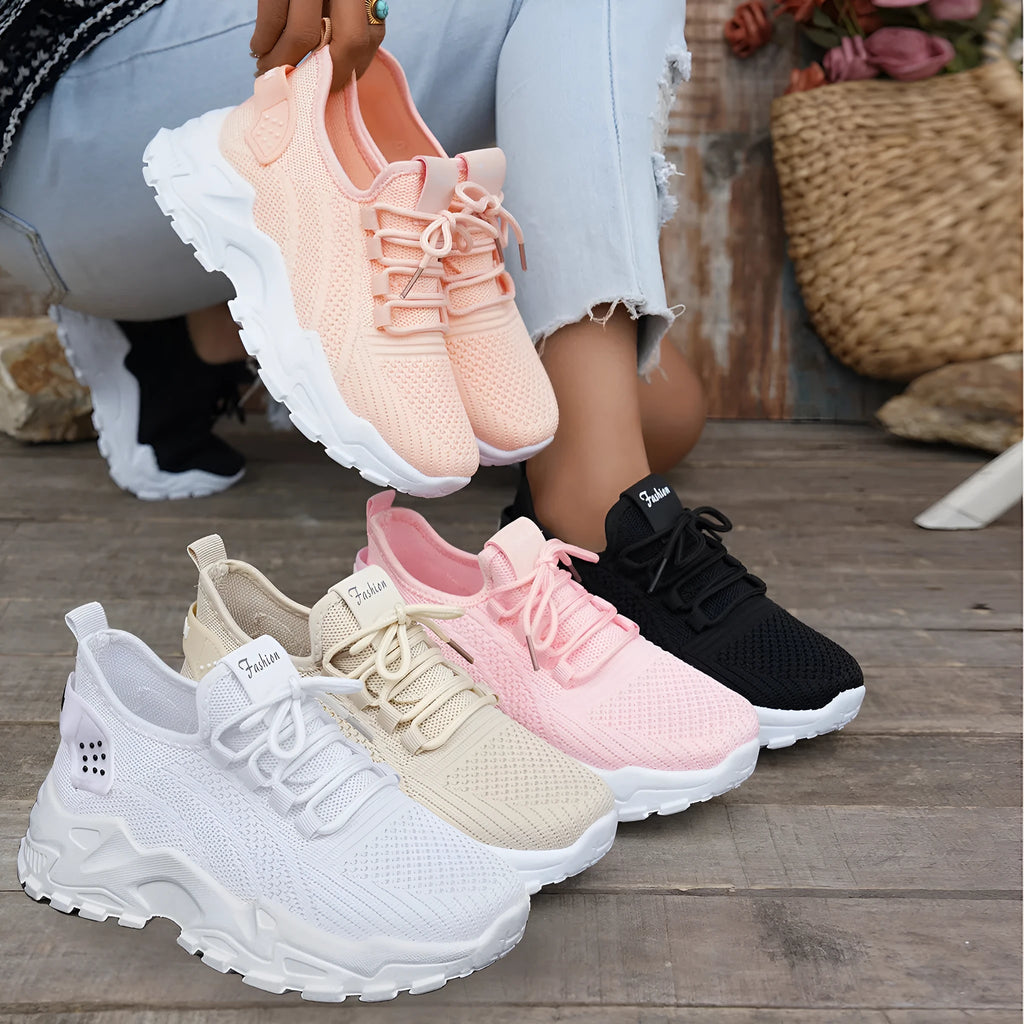 Women's Flyknit mesh sports casual shoes in multiple colours with flat heel and lace-up closure