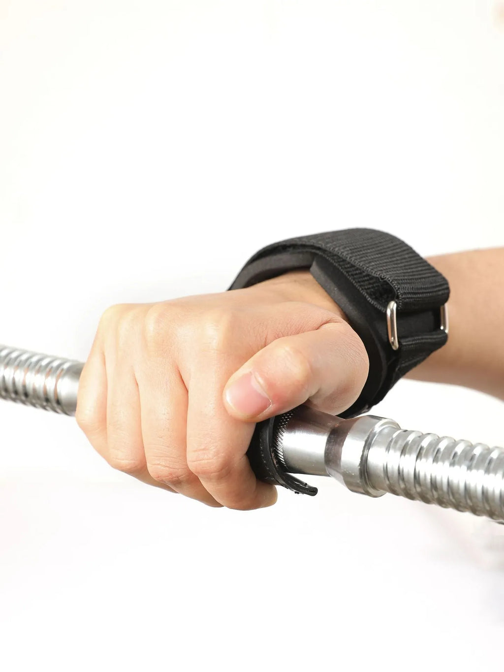 Black rubber palm protection band for weightlifting and rock climbing grip.