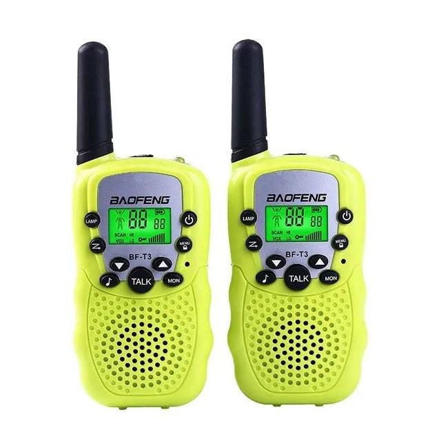 Child holding colourful walkie talkie with 22-channel display and push-to-talk button