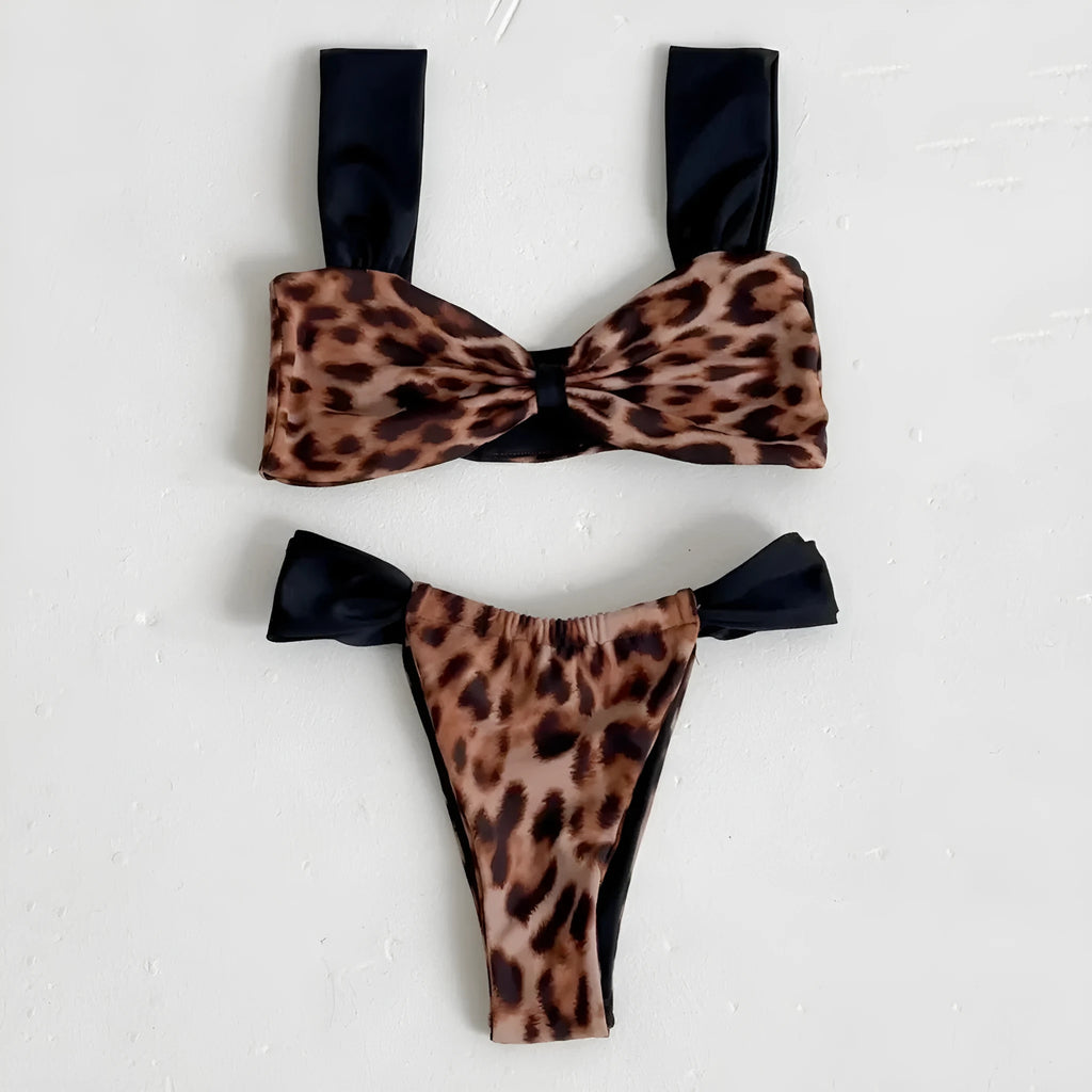 Women's leopard print bikini with tube top and split bottoms in black or leopard pattern