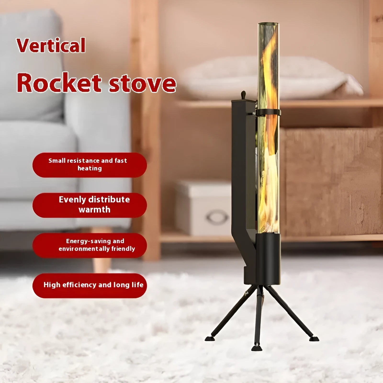 Vertical iron wood burning rocket furnace heating stove for outdoor courtyard and patio use