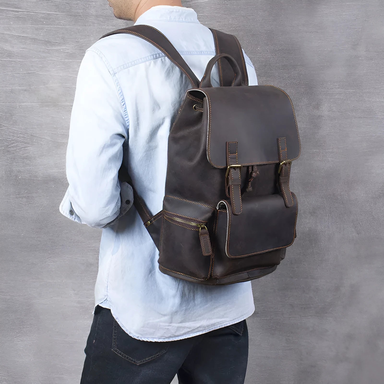 Brown retro crazy horse leather backpack with double shoulder straps and denim interior