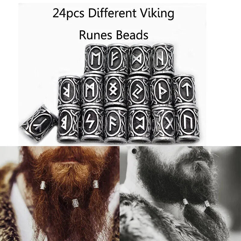 Set of 24 alloy Viking rune beard beads in antique silver, bronze, and red brass finishes, 13x10mm with 6mm inner diameter