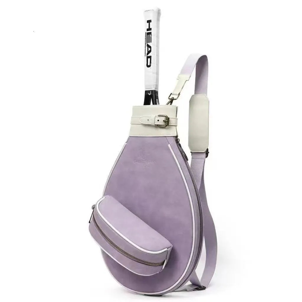 Women's retro style leather one-shoulder badminton bag shown in multiple colour options.