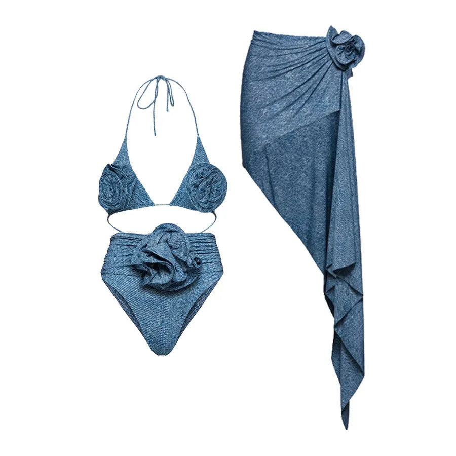 Women's one-shoulder floral one-piece swimsuit with a hollow back, shown in available colours.