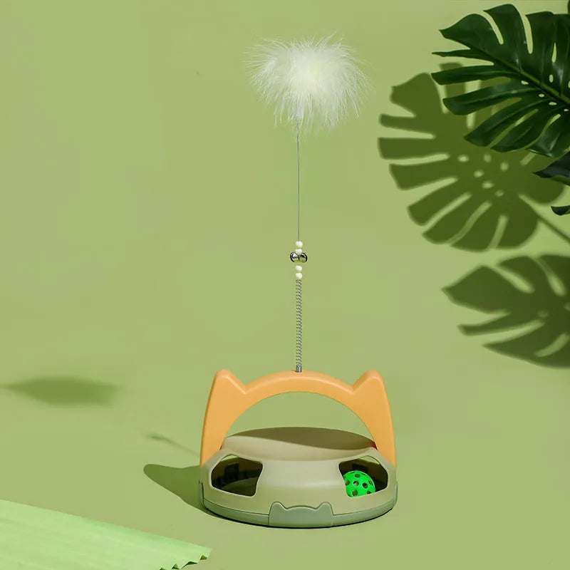 Cat toy with wand handle and spinning ball attachment in multiple colour options