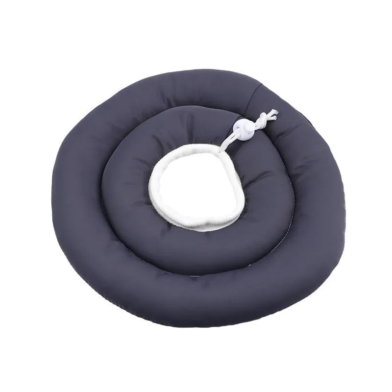 Adjustable waterproof Elizabethan recovery collar for dogs and cats in blue, shown with size chart