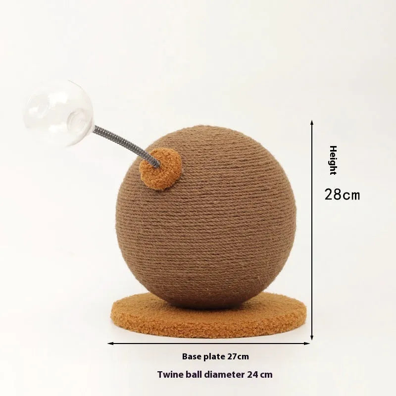 Natural hemp rope cat scratching post with a dangling felt toy ball, shown in large and small size options.