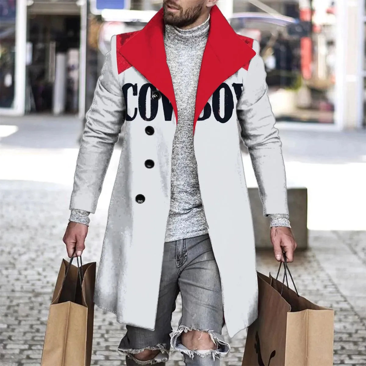 Men's 3D digital print woolen lapel jacket in single-breasted style, 70% polyester blend