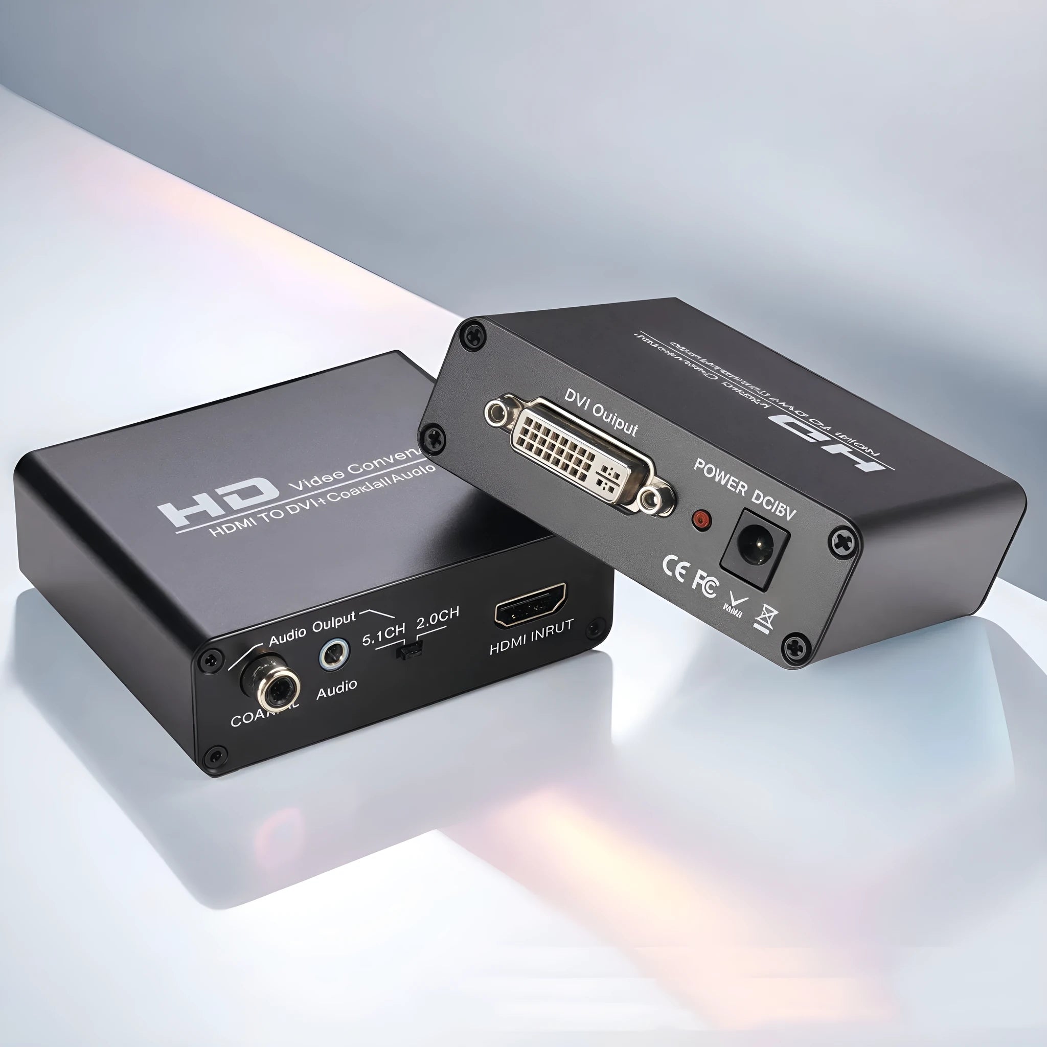 Black HDMI to DVI converter with coaxial audio output port, 1.5m cable, and power supply unit.