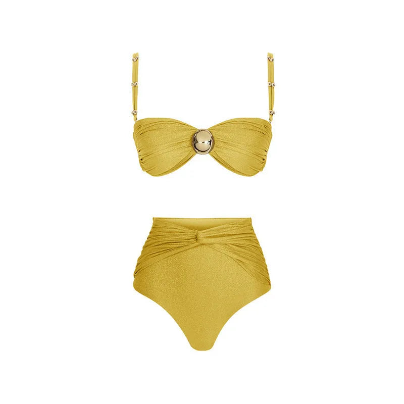 Yellow and green women's high-waist bikini set with separate top, pants, and a wrap skirt.