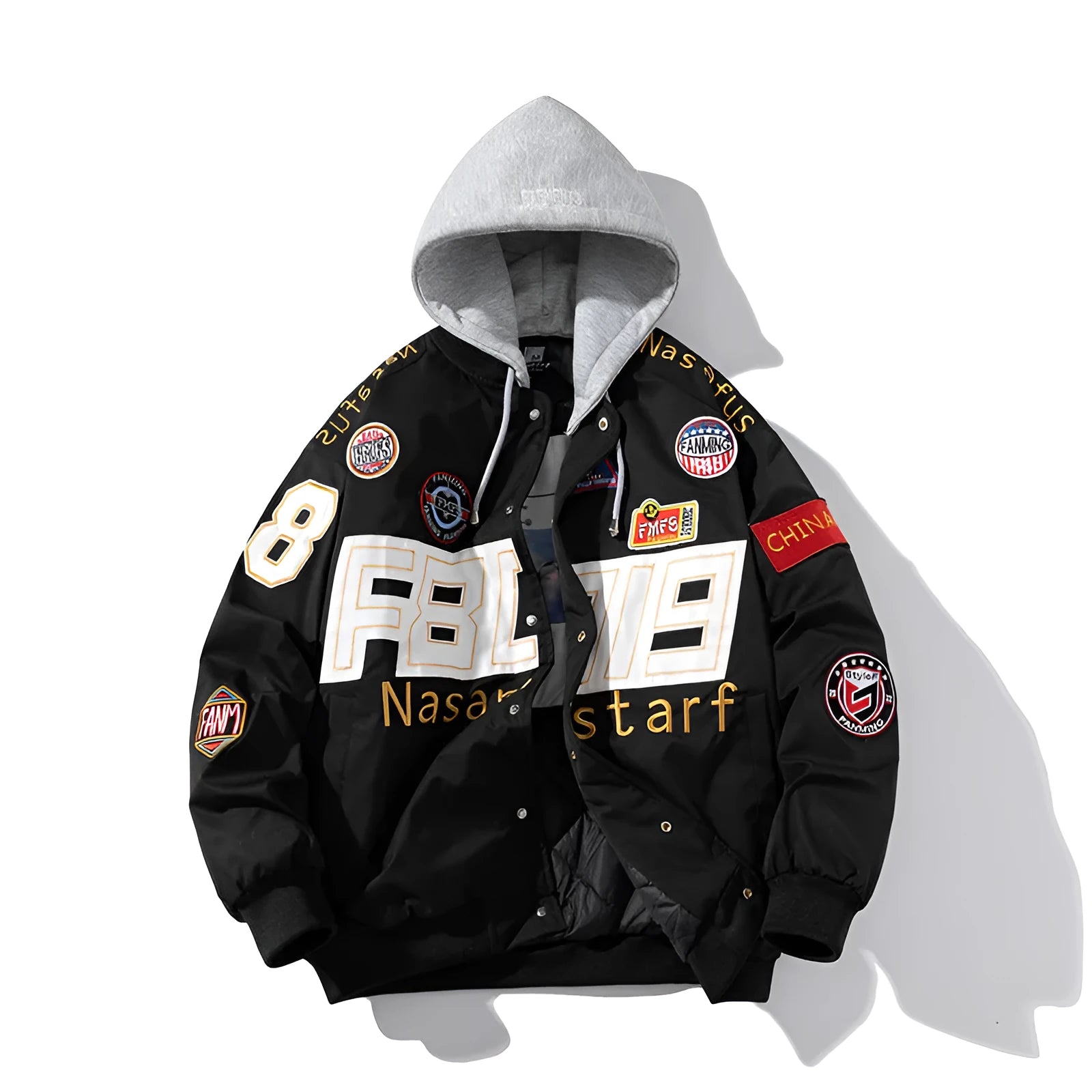 American motorcycle baseball uniform jacket with removable hood options in black red blue colours