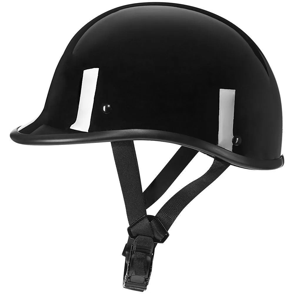 Retro style curved motorcycle helmet on stand, shown in matte black finish.