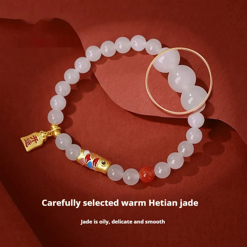 S925 sterling silver bracelet with natural Hetian jade beads and koi cold enamel design
