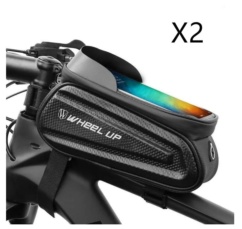 Black and grey mountain bike frame bag with reflective strips mounted on bicycle, showing touch-screen phone panel and adjustable straps
