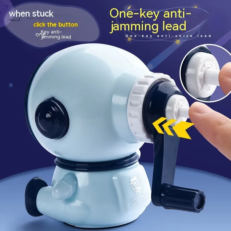 Astronaut-themed manual pencil sharpener with anti-jam mechanism for 2mm leads in blue or pink colour